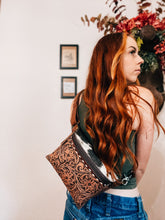 Load image into Gallery viewer, Tooled Leather &amp; Hide Sling Bag